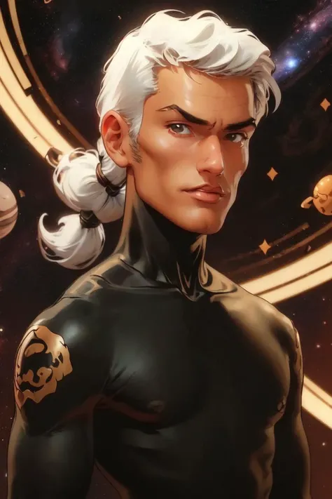 ((best quality)), ((masterpiece)), (detailed),(high-resolution:1.2), space background, galaxy, portrait
(1man:1.3), short white hair, low ponytail, eyepatch,(fully black bodysuit:1.3), black turtleneck, (dark outfit)
