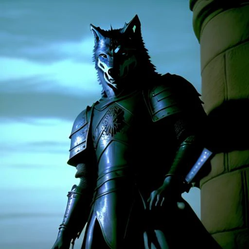 a ((((wolf)))) holding a sword in the style of 80sdarksouls