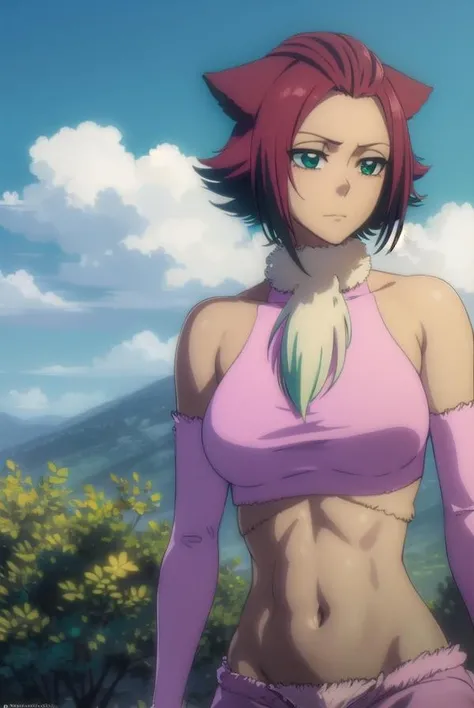 haineko, <lora:haineko-lora-nochekaiser:1>, 
haineko, short hair, red hair, animal ears, tail, cat ears, cat tail, (green eyes:1.5), dark skin, dark-skinned female,
BREAK navel, midriff, fur, crop top, sleeveless, detached sleeves, shorts, pink shorts, pink crop top,
BREAK outdoors, nature, forest, sky, sun, cloud,
BREAK looking at viewer, (cowboy shot:1.5),
BREAK <lyco:GoodHands-beta2:1>, (masterpiece:1.2), best quality, high resolution, unity 8k wallpaper, (illustration:0.8), (beautiful detailed eyes:1.6), extremely detailed face, perfect lighting, extremely detailed CG, (perfect hands, perfect anatomy),