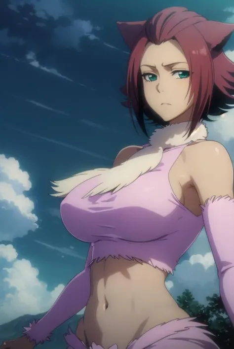 haineko, <lora:haineko-lora-nochekaiser:1>,
haineko, short hair, red hair, animal ears, tail, cat ears, cat tail, (green eyes:1.5), dark skin, dark-skinned female,
BREAK navel, midriff, fur, crop top, sleeveless, detached sleeves, shorts, pink shorts, pink crop top,
BREAK outdoors, nature, forest, sky, sun, cloud,
BREAK looking at viewer, (cowboy shot:1.5),
BREAK <lyco:GoodHands-beta2:1>, (masterpiece:1.2), best quality, high resolution, unity 8k wallpaper, (illustration:0.8), (beautiful detailed eyes:1.6), extremely detailed face, perfect lighting, extremely detailed CG, (perfect hands, perfect anatomy),