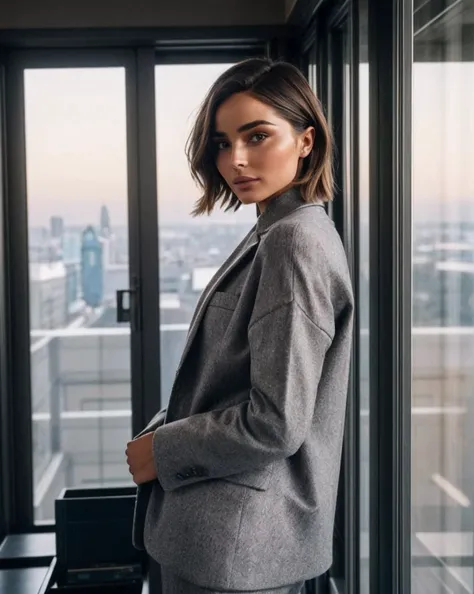 photo of Ol1v14Culp0_HM-135, a woman, perfect hair, (modern photo), wearing long sweater and slacks, 50mm medium telephoto (analog, cinematic, film grain:1.3), Time Travel Facility, Advanced facility with portals, time machine, and scientists studying temporal fabric., detailed eyes, professional pose, (epiCPhoto), (looking at viewer:1.1), (cinematic shot:1.3), (hard style lighting), <lora:add_detail:0.5>