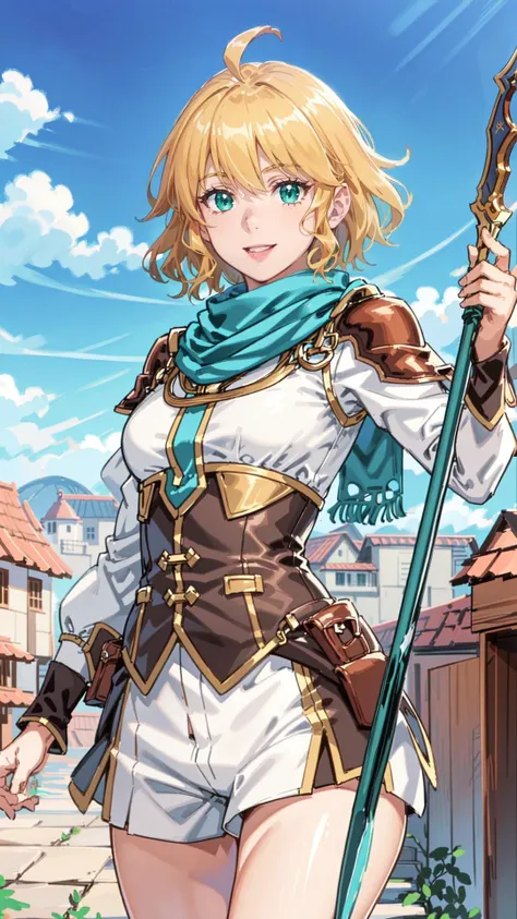 sehele style, <lora:sehele:0.4>, best quality, (masterpiece:1.2), detailed, (smiling), (((holding a spear))), short hair, blonde hair, ahoge, green eyes, teal scarf, white shirt, long sleeves, shorts, (((cowboy shot))), (((dynamic pose))), (masterpiece, best quality, ultra detailed, beautiful illustration), atmospheric perspective, depth of field, beautiful detailed eyes, dynamic pose, dynamic angle, 1girl, ((outdoors, fantasy city background)), 8k, 16k, trending on pixiv, fanbox, skeb, masterpiece, detailed face, digital painting, (best quality, ultra detailed), (detailed background:1.2), (perfect face, detailed face), looking at viewer, (mature female:1.4),  <lora:Yuno Rembrandt:0.7>