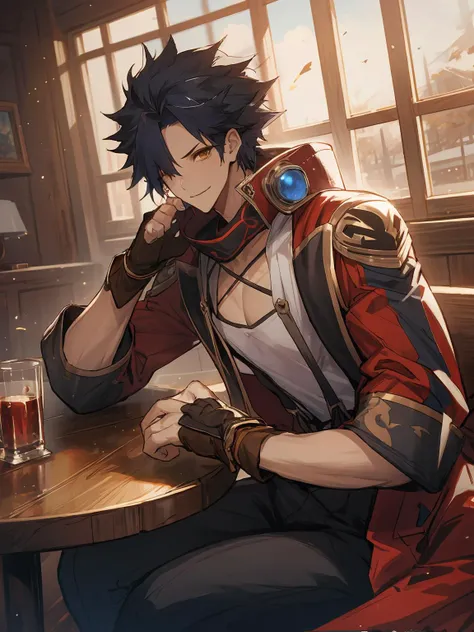 masterpiece,best quality,highres,cinematic lighting,dramatic angle,<lora:ShadowverseTaketsumiV1-000027:0.8> ,1boy,black hair,weapon,red jacket,white shirt,suspenders,bandages,looking at viewer,smile,cowboy shot,depth of field,wooden architecture,zipped jacket,yellow eyes,fingerless gloves,huge weapon,hair over one eye,black pants,sitting,goggles,holding sakazuki, drinking wine,feast,fluid,happy,table,across table,,cleavage