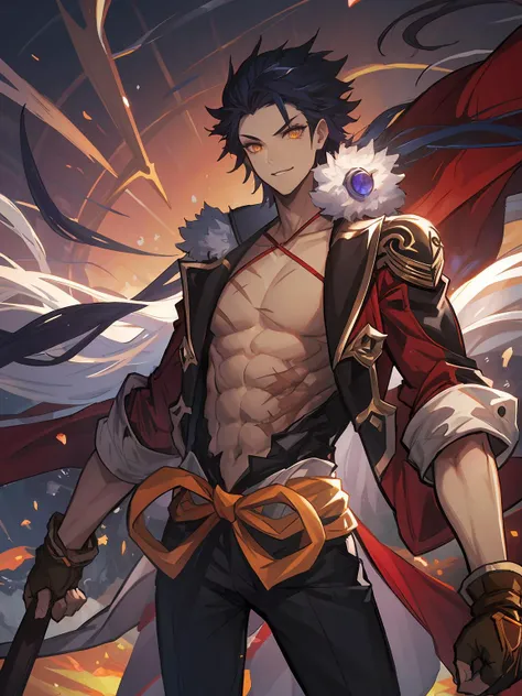 masterpiece,best quality,highres,cinematic lighting,dramatic angle,<lora:ShadowverseTaketsumiV1-000027:0.8> ,1boy,black hair,red jacket,open jacket,suspenders,bandages,looking at viewer,evil smile,cowboy shot,depth of field,dynatic angle,standing,purple fire,glowing,holding,yellow eyes,fingerless gloves,huge weapon,forehead,black pants,goggles,happy,cleavage,bow,ribbon,huge weapon,muscular,cape,scar,cape,spikes,long hair,spider web,shaded face