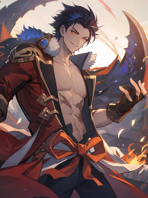 masterpiece,best quality,highres,cinematic lighting,dramatic angle,<lora:ShadowverseTaketsumiV1-000027:0.8>   ,1boy,black hair,red jacket,open jacket,suspenders,bandages,looking at viewer,evil smile,cowboy shot,depth of field,dynatic angle,standing,purple fire,glowing,holding,yellow eyes,fingerless gloves,huge weapon,forehead,black pants,goggles,happy,cleavage,bow,ribbon,huge weapon,muscular,cape,scar,creature,monster,cape,spikes,long hair,dragon