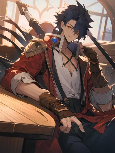 masterpiece,best quality,highres,cinematic lighting,dramatic angle,<lora:ShadowverseTaketsumiV1-000027:0.8>   ,1boy,black hair,red jacket,white shirt,suspenders,bandages,looking at viewer,smile,cowboy shot,depth of field,wooden architecture,zipped jacket,yellow eyes,fingerless gloves,huge weapon,hair over one eye,black pants,sitting,goggles,holding sakazuki,bowl, drinking wine,feast,fluid,happy,table,across table,,cleavage,bow,ribbon