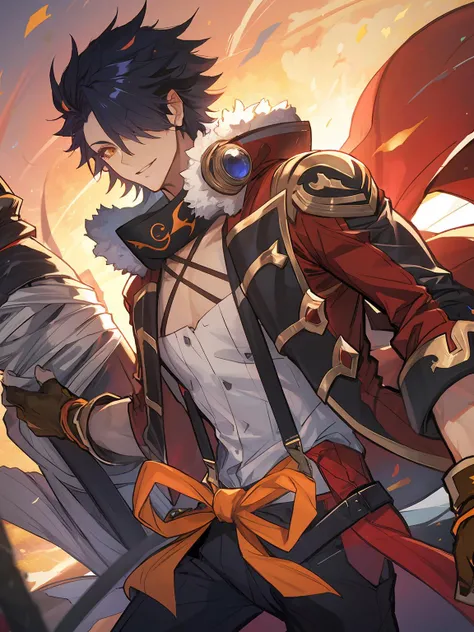 masterpiece,best quality,highres,cinematic lighting,dramatic angle,<lora:ShadowverseTaketsumiV1-000027:0.8> ,1boy,black hair,red jacket,white shirt,suspenders,bandages,looking at viewer,smile,cowboy shot,depth of field,dynatic angle,standing,flaming,glowing,holding,zipped jacket,yellow eyes,fingerless gloves,huge weapon,hair over one eye,black pants,goggles,happy,cleavage,bow,ribbon,huge weapon