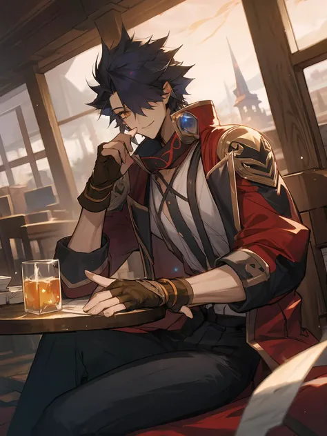 masterpiece,best quality,highres,cinematic lighting,dramatic angle,<lora:ShadowverseTaketsumiV1-000027:0.8> ,1boy,black hair,weapon,red jacket,white shirt,suspenders,bandages,looking at viewer,smile,cowboy shot,depth of field,wooden architecture,zipped jacket,yellow eyes,fingerless gloves,huge weapon,hair over one eye,black pants,sitting,goggles,holding sakazuki, drinking wine,feast,fluid,happy,table,across table