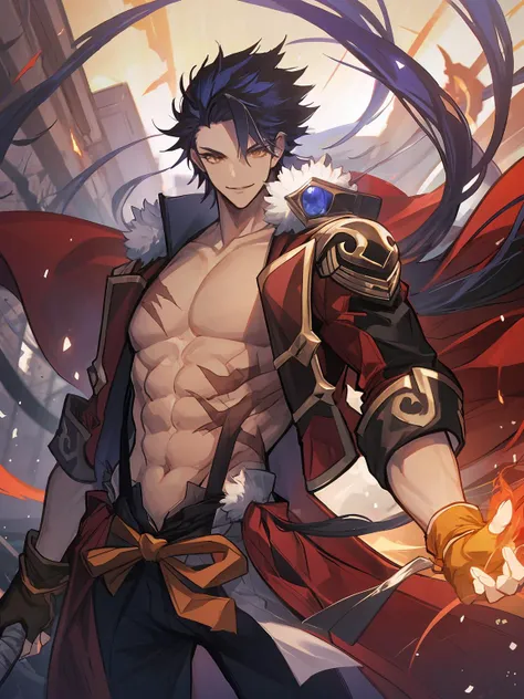 masterpiece,best quality,highres,cinematic lighting,dramatic angle,<lora:ShadowverseTaketsumiV1-000027:0.8> ,1boy,black hair,red jacket,open jacket,suspenders,bandages,looking at viewer,evil smile,cowboy shot,depth of field,dynatic angle,standing,purple fire,glowing,holding,yellow eyes,fingerless gloves,huge weapon,forehead,black pants,goggles,happy,cleavage,bow,ribbon,huge weapon,muscular,cape,scar,creature,monster,cape,spikes,long hair,tentacles,spider web,shaded face,floating objects,multiple swords