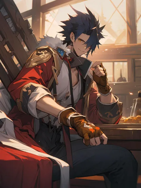 masterpiece,best quality,highres,cinematic lighting,dramatic angle,<lora:ShadowverseTaketsumiV1-000027:0.8> ,1boy,black hair,red jacket,white shirt,suspenders,bandages,looking at viewer,smile,cowboy shot,depth of field,wooden architecture,zipped jacket,yellow eyes,fingerless gloves,huge weapon,hair over one eye,black pants,sitting,goggles,holding sakazuki, drinking wine,feast,fluid,happy,table,across table,,cleavage