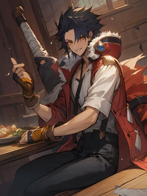 masterpiece,best quality,highres,cinematic lighting,dramatic angle,<lora:ShadowverseTaketsumiV1-000027:0.8> ,1boy,black hair,weapon,red jacket,white shirt,suspenders,bandages,looking at viewer,smile,cowboy shot,depth of field,wooden architecture,zipped jacket,yellow eyes,fingerless gloves,huge weapon,hair over one eye,black pants,sitting,goggles,holding sakazuki, drinking wine,feast,fluid,happy,table,across table