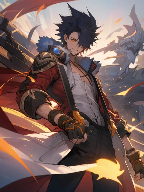 masterpiece,best quality,highres,cinematic lighting,dramatic angle,<lora:ShadowverseTaketsumiV1-000027:0.8>   ,1boy,black hair,red jacket,white shirt,suspenders,bandages,looking at viewer,smile,cowboy shot,depth of field,dynatic angle,standing,flaming,glowing,holding,zipped jacket,yellow eyes,fingerless gloves,huge weapon,hair over one eye,black pants,goggles,happy,cleavage,bow,ribbon,huge weapon,swoord