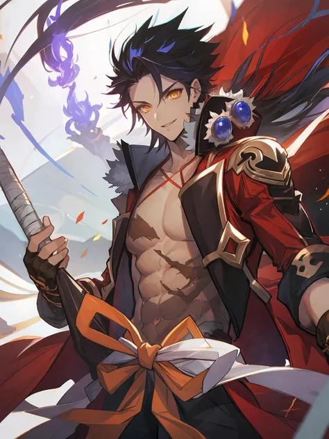 masterpiece,best quality,highres,cinematic lighting,dramatic angle,<lora:ShadowverseTaketsumiV1-000027:0.8> ,1boy,black hair,red jacket,open jacket,suspenders,bandages,looking at viewer,smile,cowboy shot,depth of field,dynatic angle,standing,purple fire,glowing,holding,zipped jacket,yellow eyes,fingerless gloves,huge weapon,forehead,black pants,goggles,happy,cleavage,bow,ribbon,huge weapon,muscular,cape,scar,spiderform,alternative2