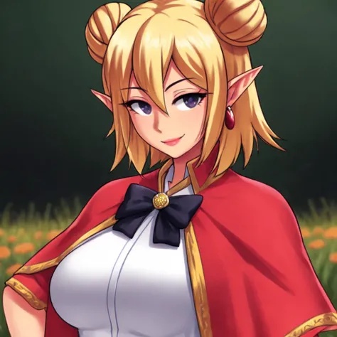 bowtie, double bun, solo mature aged_up 1girl, upper body, in a field of flowers hands on hips, pointy_ears, short hair, tunic, capelet, brooch, soft features, ornate belt, straight-on, blonde_hair, seductive smile,
<lyco:dracksart_lora_BY_MAKIMARK-36:0.6> dracksart_lora_BY_MAKIMARK, straight-on