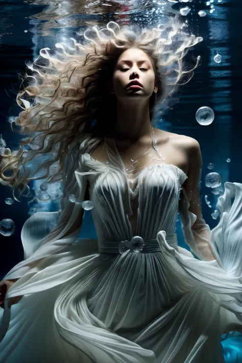 (dramatic, gritty, intense:1.4), masterpiece, best quality, 8k, insane details, intricate details, hyperdetailed, hyper quality, high detail, ultra detailed, Masterpiece, 1girl, solo, underwater, bubble, air bubble, jewelry, bare shoulders, skirt hold, wet clothes, white dress, earrings, makeup, long dress, (full body:1.0), barefoot, puffy sleeves, float, (long hair, white hair:1.4), blue theme, realistic, Black background, Water as smooth as a mirror, beautiful detailed water, reflection pool, dynamic angle, floating, (Real water, Realistic water, flowing water:1.5), ripples, <lora:Mecha_20230825035035:1>