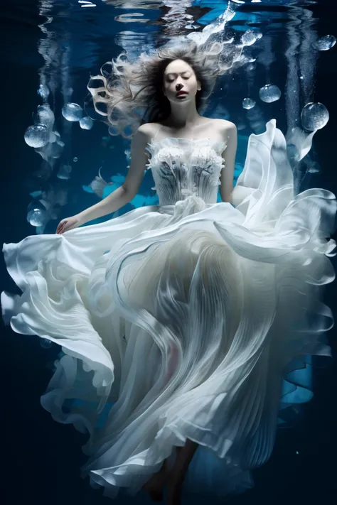 (dramatic, gritty, intense:1.4), masterpiece, best quality, 8k, insane details, intricate details, hyperdetailed, hyper quality, high detail, ultra detailed, Masterpiece, 1girl, solo, underwater, bubble, air bubble, jewelry, bare shoulders, skirt hold, wet clothes, white dress, earrings, makeup, long dress, (full body:1.0), barefoot, puffy sleeves, float, (long hair, white hair:1.4), blue theme, realistic, Black background, Water as smooth as a mirror, beautiful detailed water, reflection pool, dynamic angle, floating, (Real water, Realistic water, flowing water:1.5), ripples, <lora:Mecha_20230825035035:1>