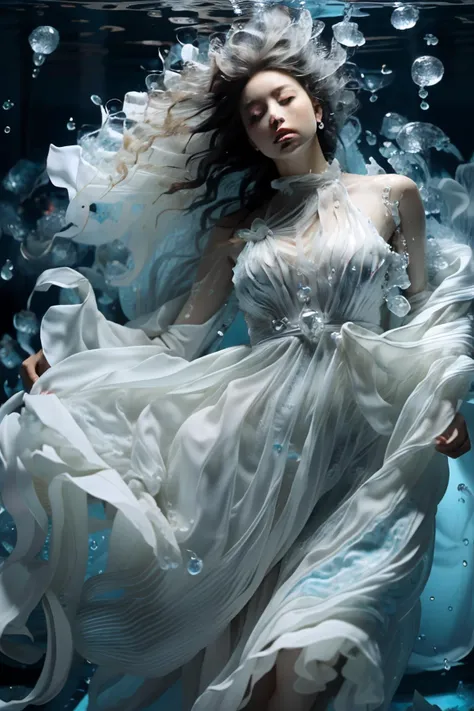 (dramatic, gritty, intense:1.4), masterpiece, best quality, 8k, insane details, intricate details, hyperdetailed, hyper quality, high detail, ultra detailed, Masterpiece, 1girl, solo, underwater, bubble, air bubble, jewelry, bare shoulders, skirt hold, wet clothes, white dress, earrings, makeup, long dress, (full body:1.0), barefoot, puffy sleeves, float, (long hair, white hair:1.4), blue theme, realistic, Black background, Water as smooth as a mirror, beautiful detailed water, reflection pool, dynamic angle, floating, (Real water, Realistic water, flowing water:1.5), ripples, <lora:Mecha_20230825035035:1>