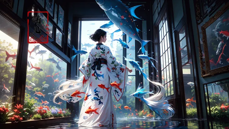 1girl, fish, solo, indoors, painting (object), white hair, short hair, plant, japanese clothes, standing, goldfish, holding, sunlight, kimono, koi, window, animal, long sleeves, from behind, hakama, facing away, picture frame, shadow, flower, aquarium
<lora:~Q?-mw^NuL Underwater world:0.8>