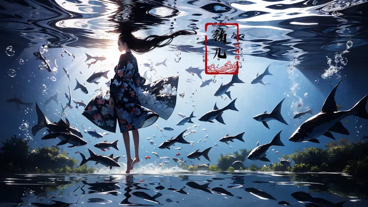 long hair, fish, black hair, 1girl, solo, water, standing, reflection, long sleeves, koi, walking, barefoot, underwater
<lora:~Q?-mw^NuL Underwater world:0.8>