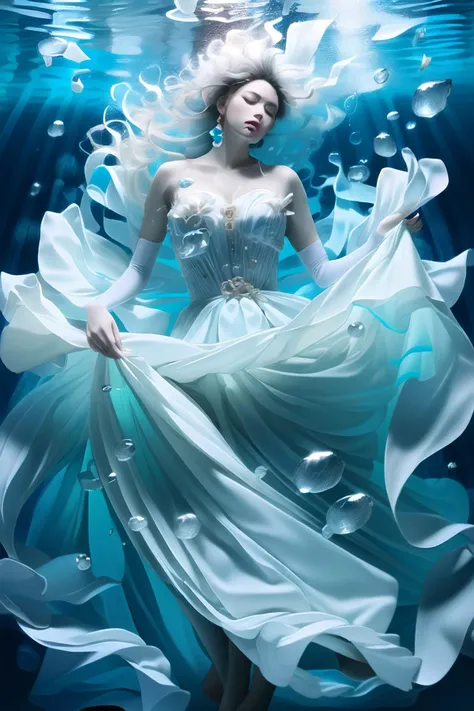 (dramatic, gritty, intense:1.4), masterpiece, best quality, 8k, insane details, intricate details, hyperdetailed, hyper quality, high detail, ultra detailed, Masterpiece, 1girl, solo, underwater, bubble, air bubble, jewelry, bare shoulders, skirt hold, wet clothes, white dress, earrings, makeup, long dress, (full body:1.0), barefoot, puffy sleeves, float, (long hair, white hair:1.4), blue theme, realistic, Black background, Water as smooth as a mirror, beautiful detailed water, reflection pool, dynamic angle, floating, (Real water, Realistic water, flowing water:1.5), ripples, <lora:Mecha_20230825035035:1>