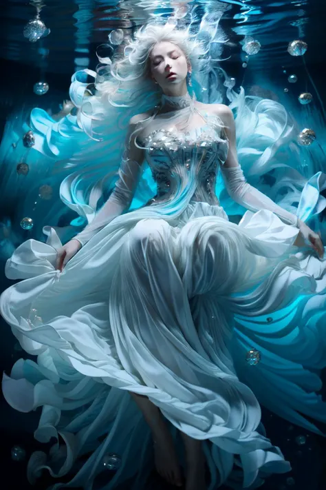 (dramatic, gritty, intense:1.4), masterpiece, best quality, 8k, insane details, intricate details, hyperdetailed, hyper quality, high detail, ultra detailed, Masterpiece, 1girl, solo, underwater, bubble, air bubble, jewelry, bare shoulders, skirt hold, wet clothes, white dress, earrings, makeup, long dress, (full body:1.0), barefoot, puffy sleeves, float, (long hair, white hair:1.4), blue theme, realistic, Black background, Water as smooth as a mirror, beautiful detailed water, reflection pool, dynamic angle, floating, (Real water, Realistic water, flowing water:1.5), ripples, <lora:Mecha_20230825035035:1>