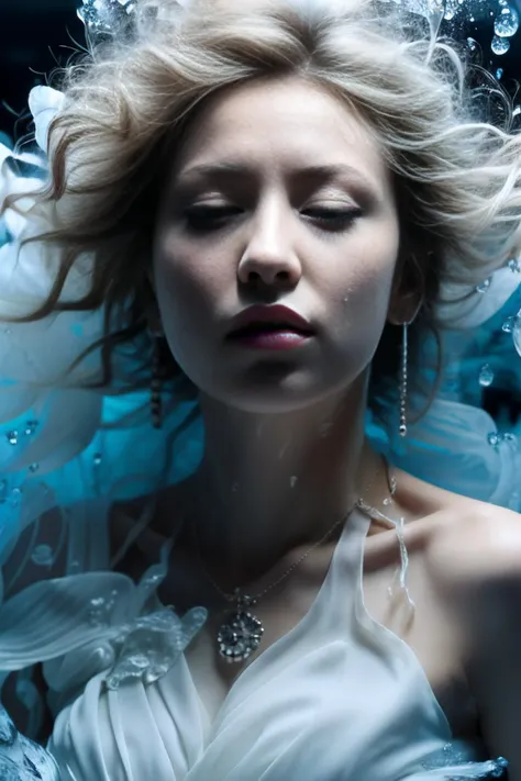 (dramatic, gritty, intense:1.4), masterpiece, best quality, 8k, insane details, intricate details, hyperdetailed, hyper quality, high detail, ultra detailed, Masterpiece,
1girl, beautiful slender face, (Extremely temperament detailed and beautiful face:1.1), solo, underwater, bubble, air bubble, bare shoulders, skirt hold, wet clothes, light pink dress, ornate jewelry & jewelry, necklace, earrings, bracelet, nature makeup, long dress, (full body:1.0), barefoot, puffy sleeves, float, (long hair, light pink hair:1.4), blue theme, realistic, Black background, Water as smooth as a mirror, beautiful detailed water, reflection pool, dynamic angle, floating, (Real water, Realistic water, flowing water:1.5), ripples, <lora:xyuer_Underwater photography:1>,