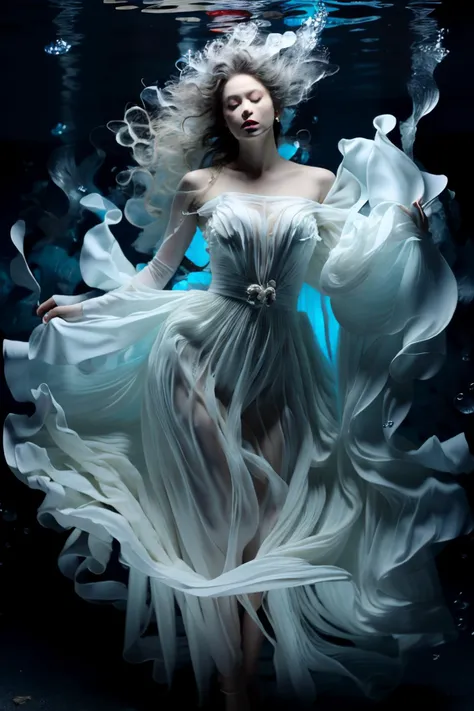 (dramatic, gritty, intense:1.4), masterpiece, best quality, 8k, insane details, intricate details, hyperdetailed, hyper quality, high detail, ultra detailed, Masterpiece, 1girl, solo, underwater, bubble, air bubble, jewelry, bare shoulders, skirt hold, wet clothes, white dress, earrings, makeup, long dress, (full body:1.0), barefoot, puffy sleeves, float, (long hair, white hair:1.4), blue theme, realistic, Black background, Water as smooth as a mirror, beautiful detailed water, reflection pool, dynamic angle, floating, (Real water, Realistic water, flowing water:1.5), ripples, <lora:Mecha_20230825035035:1>