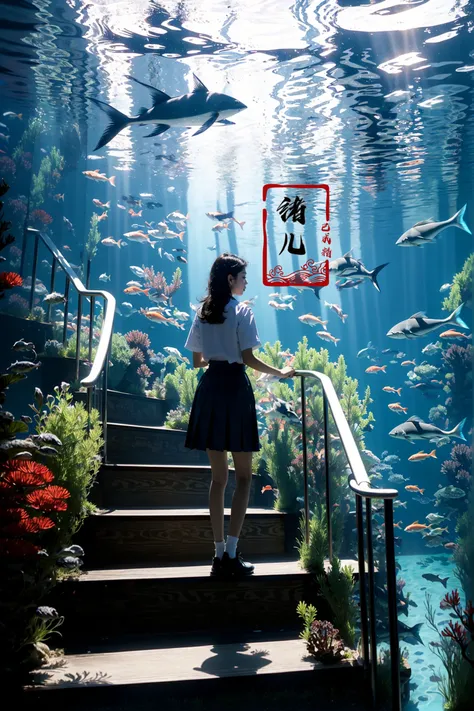 1girl, fish, stairs, scenery, solo, skirt, railing, black hair, standing, school uniform, short hair, aquarium, underwater, serafuku, black skirt, wide shot, jellyfish, shoes, pleated skirt, bubble, from behind, coral, facing away, shirt, socks, animal <lora:~Q?-mw^NuL Underwater world:0.8>