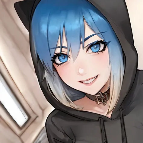 sfw, 2d, intricate details, masterpiece, absurdres, best quality,beautiful Detailed Eyes,detailed faces and eyes, (((1girl, solo girl))), SS_Eve, blue hair, blue eyes,black hoodie, hood, smile, room <lora:SummerTimeSaga-SugarTatsSisters_Shurik:1>