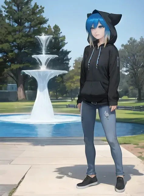 SS_Eve, bluehair, black hoodie, hood, denim jeans, standing, facing viewer, beautiful eyes, in park with fountain, <lora:SummerTimeSaga-SugarTatsLadies_Shurik:1>