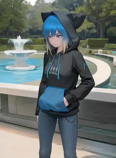 SS_Eve, bluehair, black hoodie, hood, denim jeans, standing, facing viewer, beautiful eyes, in park with fountain, <lora:SummerTimeSaga-SugarTatsLadies_Shurik:1>