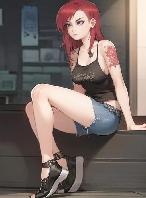 SS_Grace, redhair, solo, black tanktop, denim jeans, standing, facing viewer, beautiful eyes, in tattoo parlor, <lora:SummerTimeSaga-SugarTatsLadies_Shurik:1>