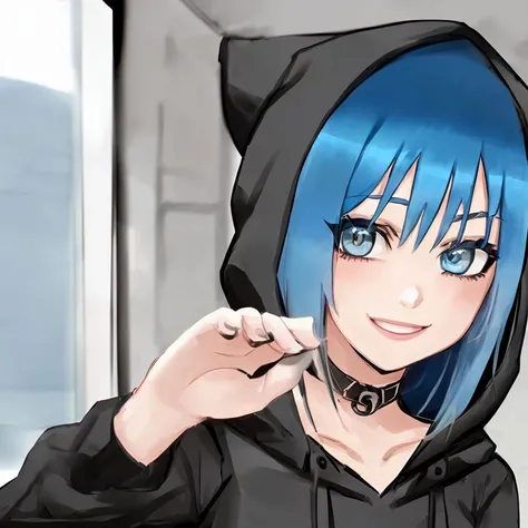 sfw, 2d, intricate details, masterpiece, absurdres, best quality,beautiful Detailed Eyes,detailed faces and eyes, (((1girl, solo girl))), SS_Eve, blue hair, blue eyes,black hoodie, hood, smile, room <lora:SummerTimeSaga-SugarTatsSisters_Shurik:1>