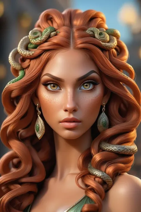 gorgon <lora:Gorgons XL:1>, high definition photo, ultra detailed skin, ultra detailed face, small skin imperfections, 1girl, Half-up, half-down hairstyle, medium boobs, Fit body, silver eyes, Copper hair