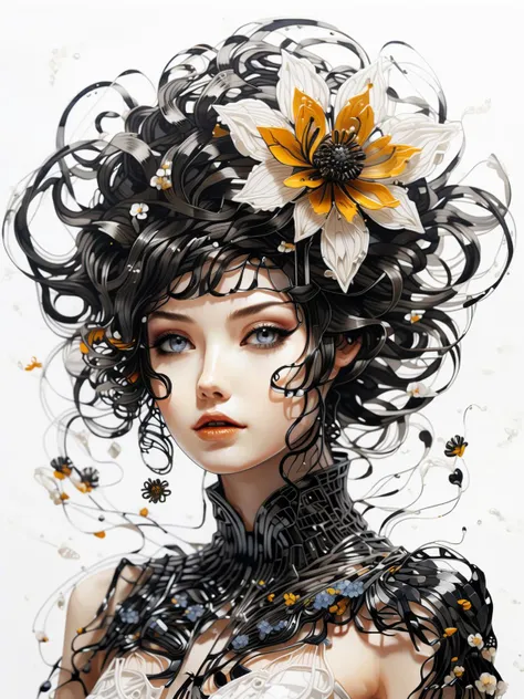 anime art style, a woman in a dress made of ferrofluid threads and flowers, white background, waist up shot
<lora:xl_more_art-full-beta1:0.9>