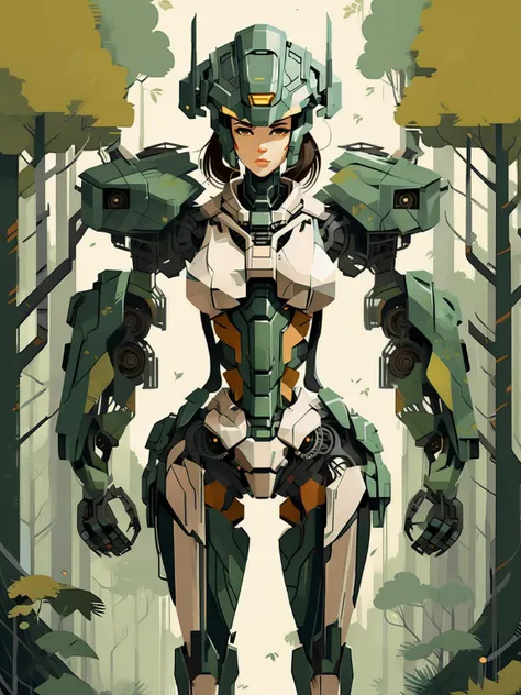 Flat minimalist style, A mecha girl stands in a forest. Her mechanical form is reduced to simple, sleek lines, contrasting with the organic shapes of the trees surrounding her. The palette is restrained, emphasizing muted, harmonious colors. This blend of nature and technology offers a serene, yet intriguing visual.
<lora:xl_more_art-full-beta1:0.9>