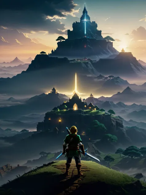 cinematic closeup Link, with the Master Sword in hand, journeying through the vast landscapes of Hyrule, with the silhouette of Hyrule Castle overshadowed by Calamity Ganon's dark presence, extreme details, volumetric lighting, cinematic scene, full focus, 16k, UHD, HDR<lora:xl_real_beta1:1>