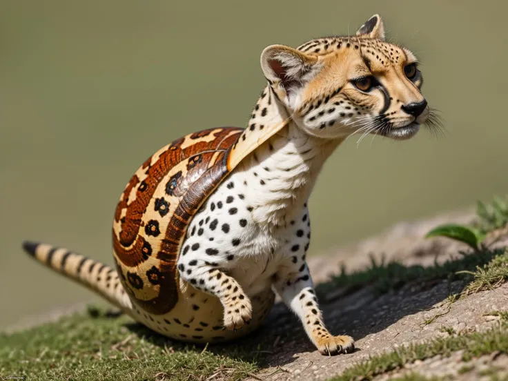 a full shot of a hybrid with snailbody and( cheetahbhead:1.2), moist, ultra detailled, photo, canon m50, 200mm
<lora:xl_real_beta1:0.7>