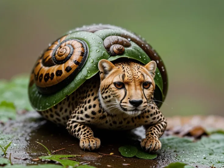 a full shot of a hybrid with snailbody and( cheetah head:1.2), antenna, wet, moist, rain, morning dew, ultra detailled, photo, canon m50, 200mm
<lora:xl_real_beta1:0.7>