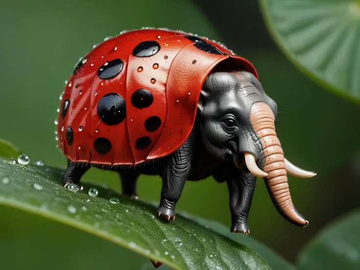 a full shot of a hybrid with ladybug body and (elephant head:1.2), morning dew, macro, ultra detailled, photo, canon m50, 200mm
<lora:xl_real_beta1:0.7>