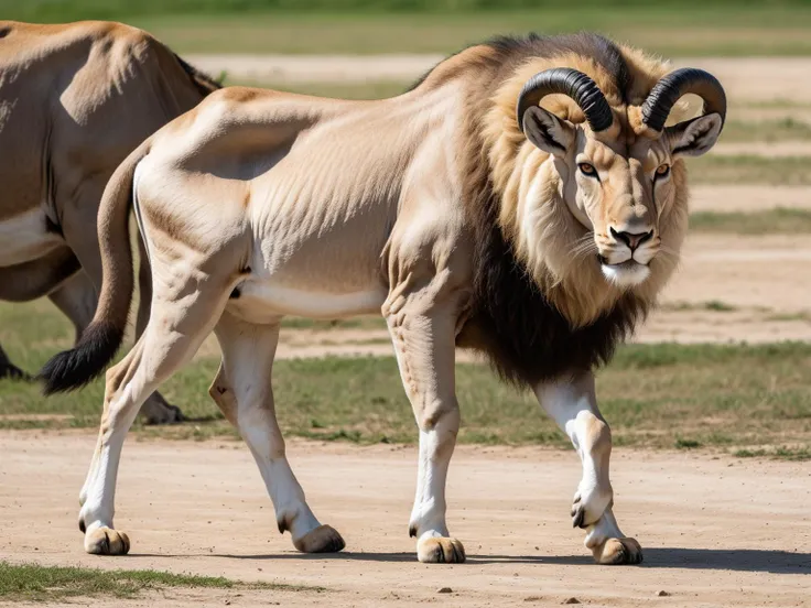 a (full body shot:1.1) of a hybrid with lion body and (addax head:1.4), (fangs:1.2), mane, macro, ultra detailled, photo, canon m50, 200mm
<lora:xl_real_beta1:0.7>