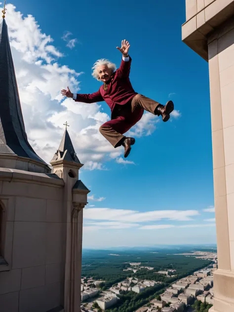 selfie of Albert Einstein jumping from the top of the steeple, free fall, 32k uhd, gadgetpunk, rangercore, ricoh ff-9d, dark crimson and brown, vacation dadcore <lora:xl_real_beta1:1>