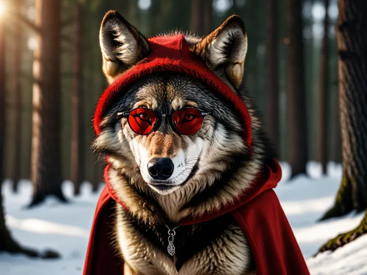 a full shot of a wolf , (nature:0.3) wearing red cape hood, sun glasses, granny hat
ultra detailled, photo, 200mm
<lora:xl_real_beta1:0.7>