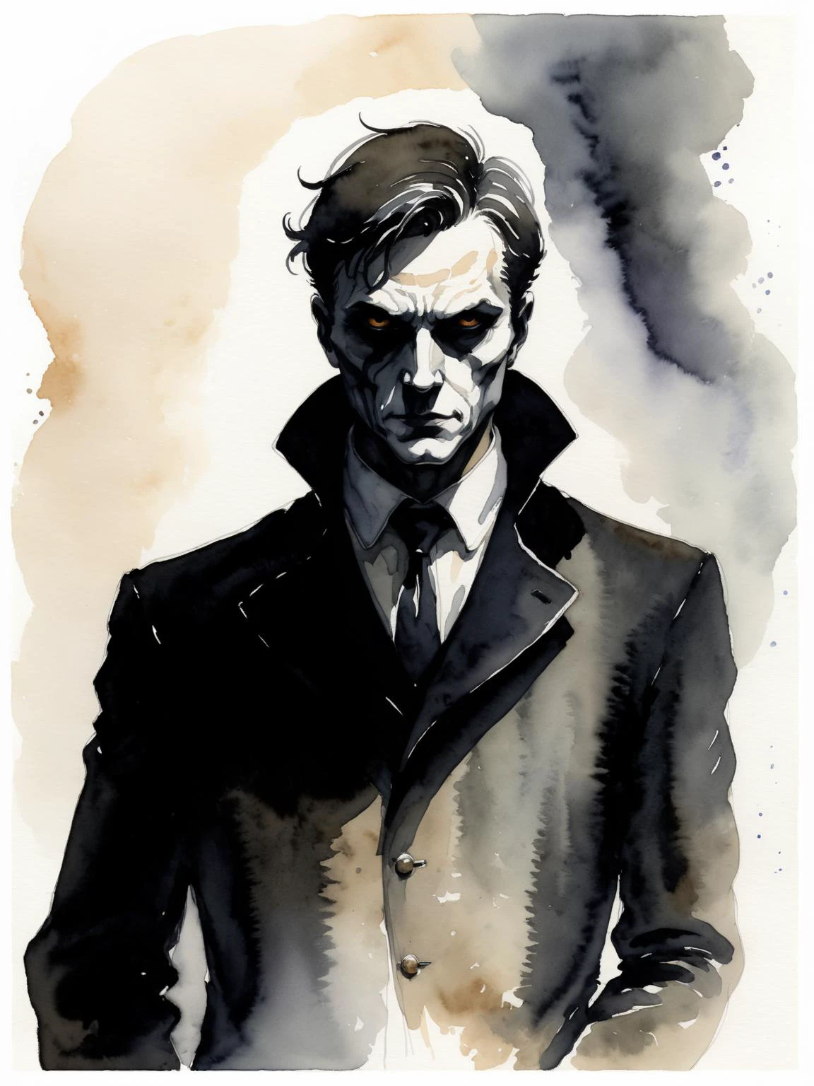 portrait of a The Shadow Man - An ethereal figure that lurks in the background, whose motives are unclear, noir style, ink and watercolor, half of full figure, flat white background
<lora:xl_more_art-full-beta1:0.3>