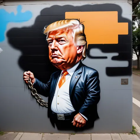 (wall graffiti:1.6), spray paint, donald trump( in jail and chain:1.6), (caricature:1.2),( stylised street art:1.6)
<lora:xl_real_beta1:0.7>