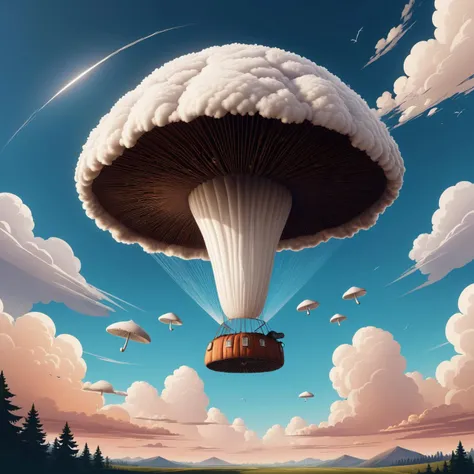 cartoon style illustration, minimalist style,
a parachute like mushroom  (made of cloud:1.4)
( scene on the background, hyper detailed, artistic,:1.2)
<lora:xl_real_beta1:0.7>