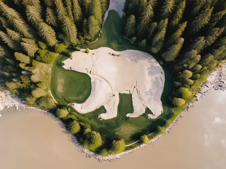 Aerial,  fields, forest, rocks, water, river, snow, sand, grass, road, lake,
big stylized  shape of a bear, landart
<lora:xl_more_art-full-beta2:1.0>