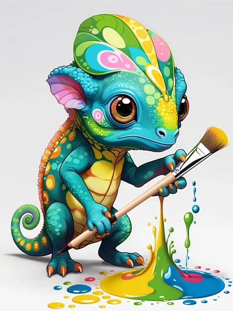Kawaii Chameleon Painter changing its body colors to match its vibrant painting. Render this in an anime style, focusing on the chameleon's cute, wide eyes and intricate patterns on its body.
 <lora:xl_more_art-full-beta2:0.8>