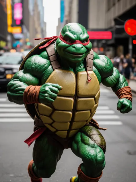 one Teenage Mutant Ninja Turtles, running in new york, ultra detailled, photo, canon m50, 200mm, dynamic lighting, close up, dragoncore
<lora:xl_real_beta1:0.7>