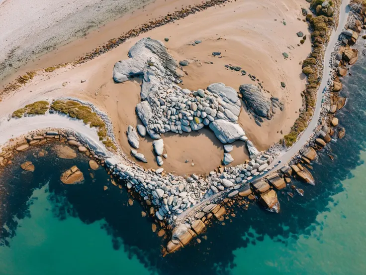big stylized light grey shape of a Centaur half human made of rocks, landart
Aerial, rocks, beach, water, river, road, sea, island
<lora:xl_more_art-full-beta2:1.0>
